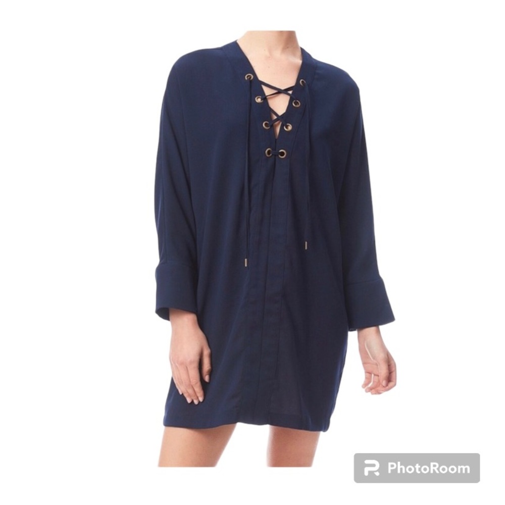 Re:named Tunic Shirt Dress Navy Blue Lace Up V Neck Size Small Oversized Casual